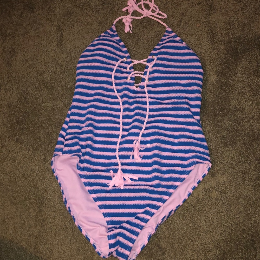 Pink and blue ribbed swimsuit